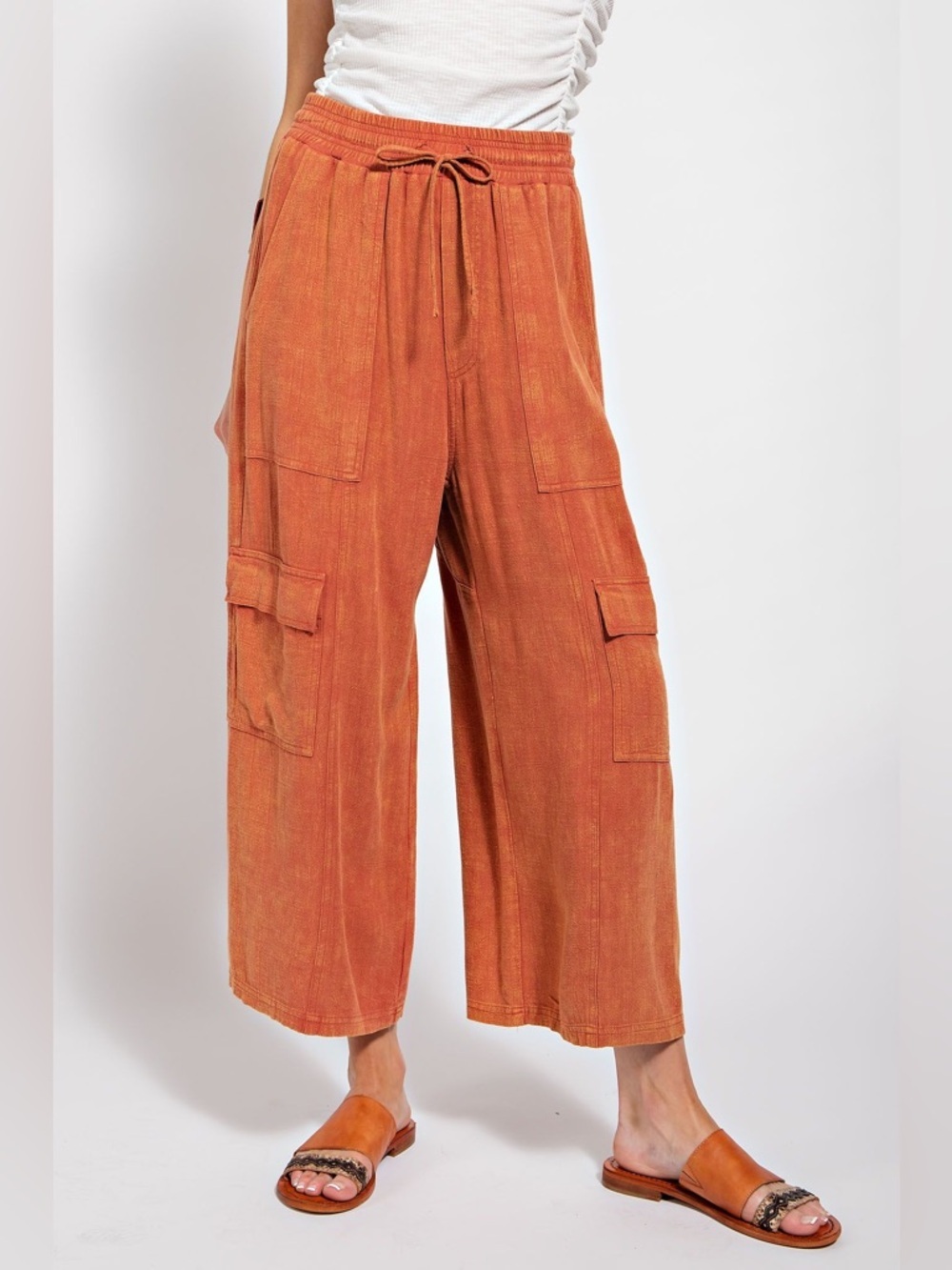 It's All Good Mineral Washed Cargo Wide Leg Pants in brick medium